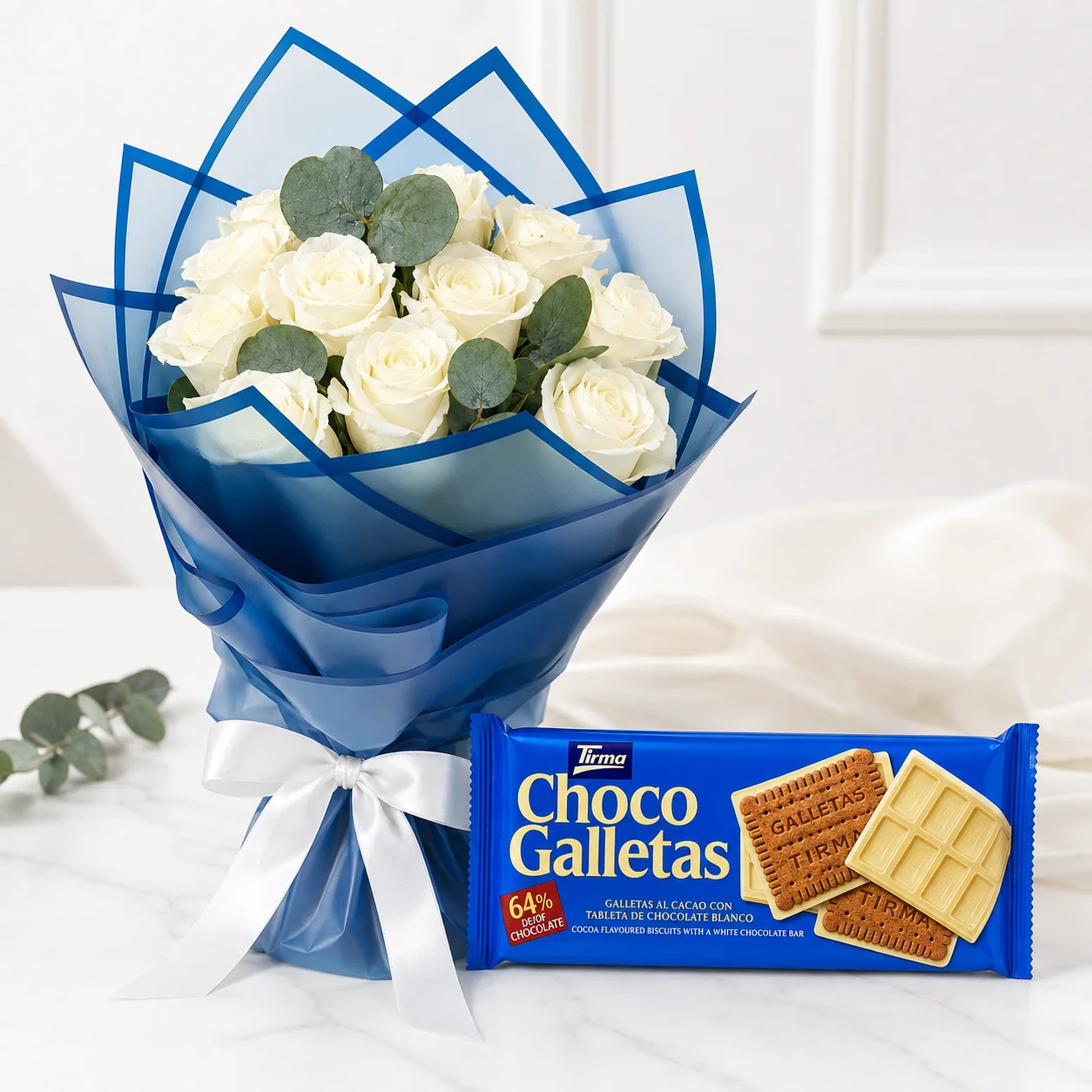 Pure White Roses & White Chocolate Gift Combo with 10 fresh white roses and delicious chocolate treats